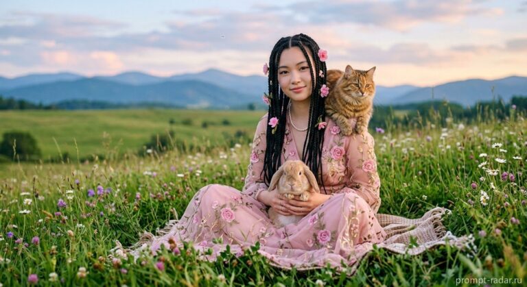 Промпт: Эфирный портрет девушки с косами, кроликом и котом на лугу