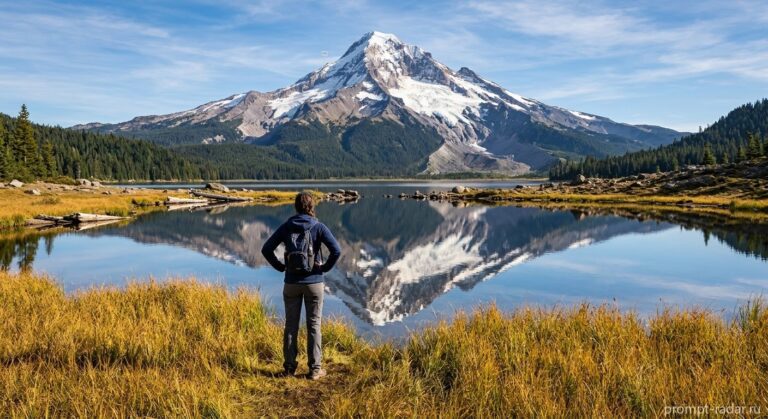 Промпт: Одинокий турист у зеркального озера перед снежным вулканом