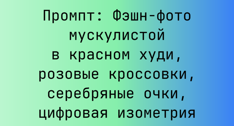 Промпт: Фэшн-фото мускулистой в красном худи, розовые кроссовки, серебряные очки, цифровая изометрия
