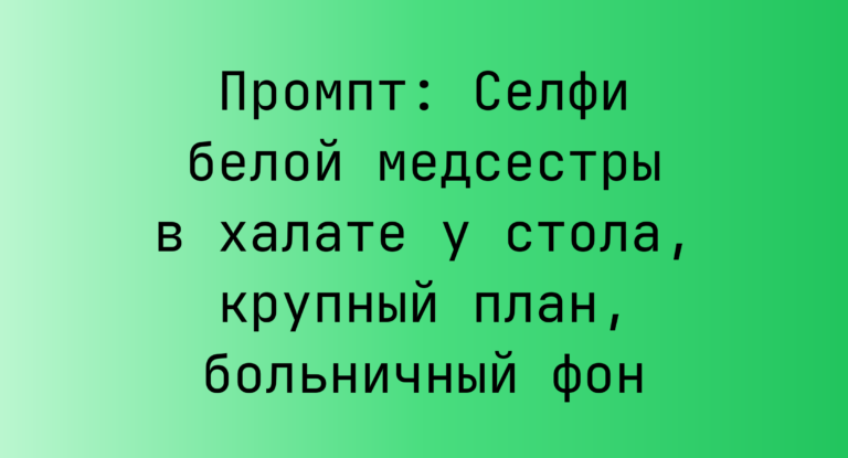Промпт: Селфи белой медсестры в халате у стола, крупный план, больничный фон