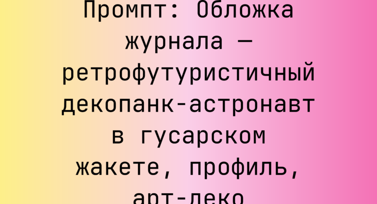 Промпт: Обложка журнала — ретрофутуристичный декопанк-астронавт в гусарском жакете, профиль, арт-деко