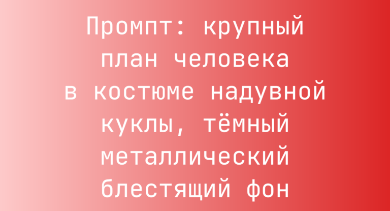 Промпт: крупный план человека в костюме надувной куклы, темный металлический блестящий фон