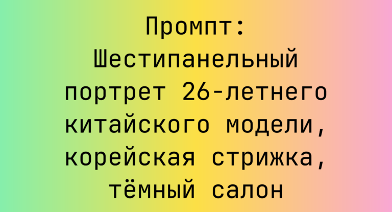 Промпт: Шестипанельный портрет 26-летнего китайского модели, корейская стрижка, темный салон