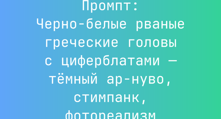 Промпт: Черно-белые рваные греческие головы с циферблатами — темный ар-нуво, стимпанк, фотореализм