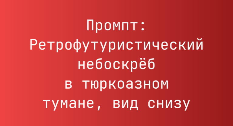 Промпт: Ретрофутуристический небоскреб в тюркоазном тумане, вид снизу