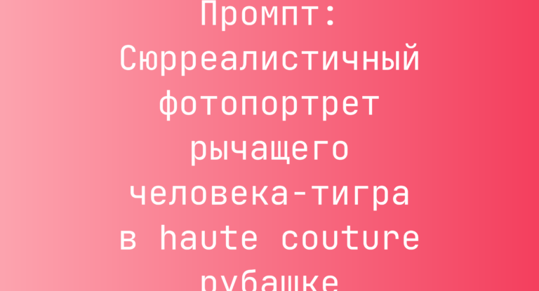 Промпт: Сюрреалистичный фотопортрет рычащего человека-тигра в haute couture рубашке