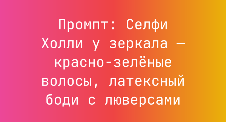 Промпт: Селфи Холли у зеркала — красно-зеленые волосы, латексный боди с люверсами