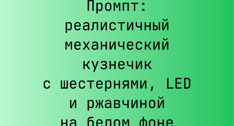Промпт: реалистичный механический кузнечик с шестернями, LED и ржавчиной на белом фоне