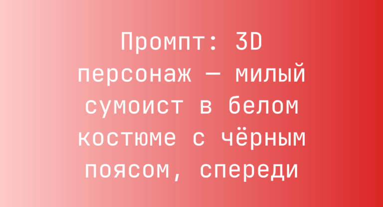 Промпт: 3D персонаж — милый сумоист в белом костюме с черным поясом, спереди