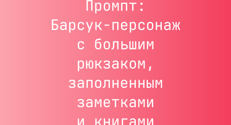 Промпт: Барсук-персонаж с большим рюкзаком, заполненным заметками и книгами