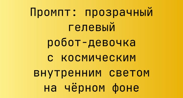 Промпт: прозрачный гелевый робот-девочка с космическим внутренним светом на черном фоне