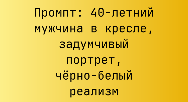 Промпт: 40-летний мужчина в кресле, задумчивый портрет, черно-белый реализм