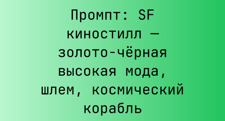Промпт: SF киностилл — золото-черная высокая мода, шлем, космический корабль