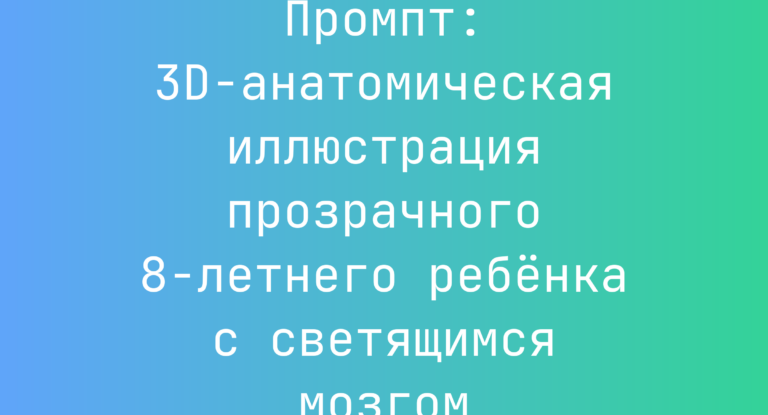 Промпт: 3D-анатомическая иллюстрация прозрачного 8‑летнего ребенка с светящимся мозгом