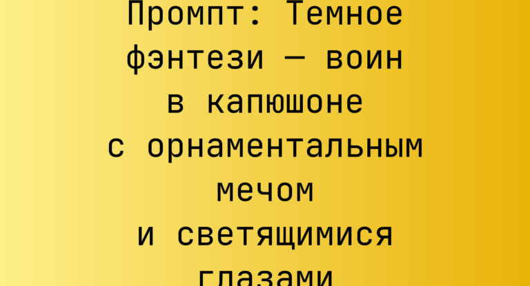 Промпт: Темное фэнтези — воин в капюшоне с орнаментальным мечом и светящимися глазами