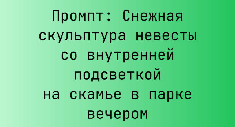 Промпт: Снежная скульптура невесты со внутренней подсветкой на скамье в парке вечером