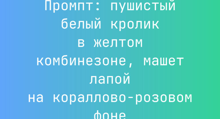 Промпт: пушистый белый кролик в желтом комбинезоне, машет лапой на кораллово-розовом фоне