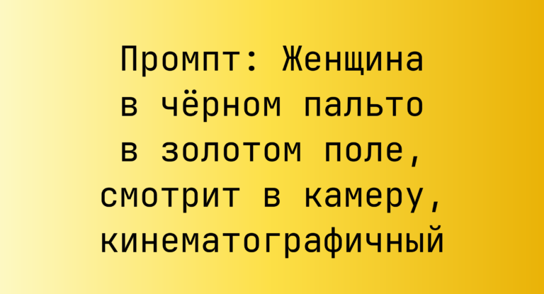 Промпт: Женщина в черном пальто в золотом поле, смотрит в камеру, кинематографичный