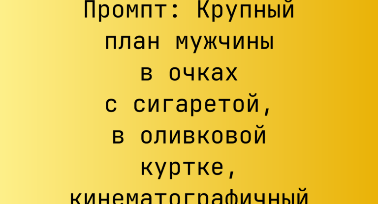 Промпт: Крупный план мужчины в очках с сигаретой, в оливковой куртке, кинематографичный