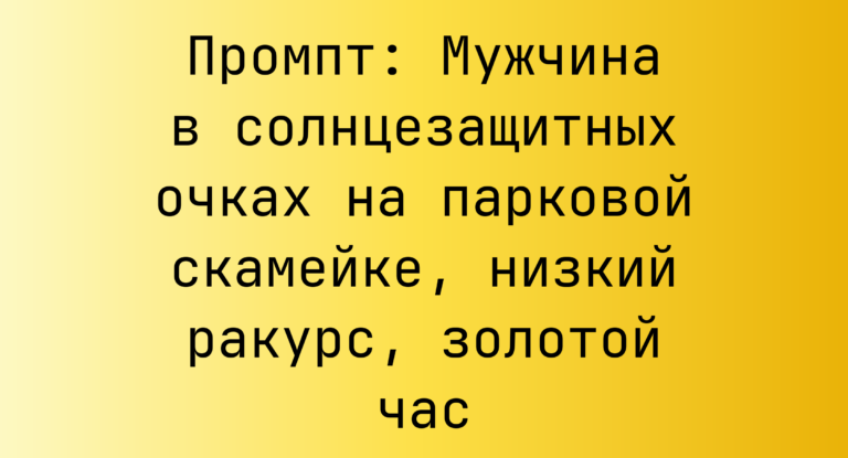 Промпт: Мужчина в солнцезащитных очках на парковой скамейке, низкий ракурс, золотой час