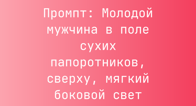 Промпт: Молодой мужчина в поле сухих папоротников, сверху, мягкий боковой свет
