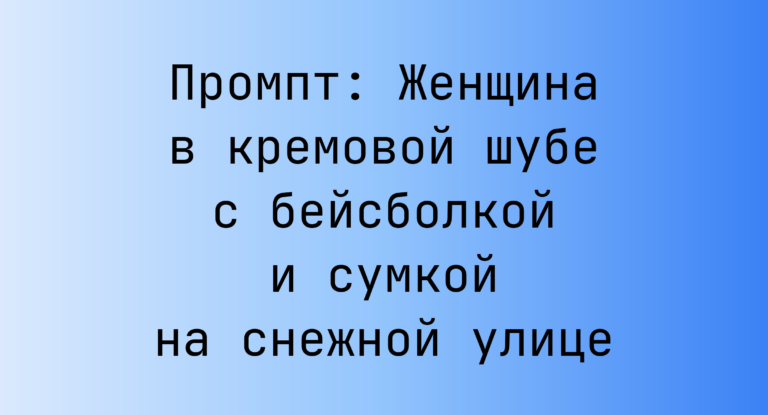 Промпт: Женщина в кремовой шубе с бейсболкой и сумкой на снежной улице