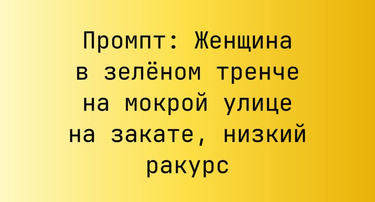 Промпт: Женщина в зеленом тренче на мокрой улице на закате, низкий ракурс