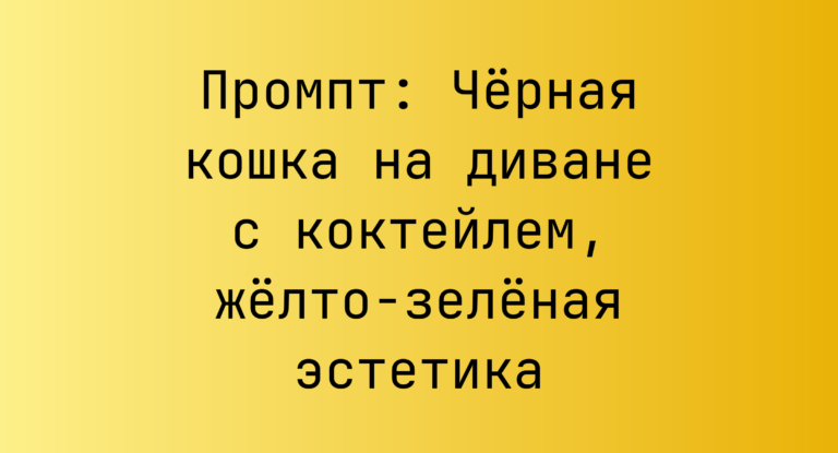 Промпт: Черная кошка на диване с коктейлем, желто-зеленая эстетика