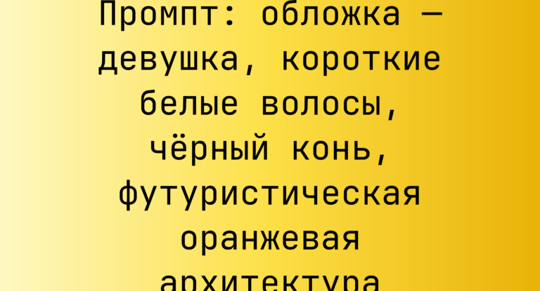 Промпт: обложка — девушка, короткие белые волосы, черный конь, футуристическая оранжевая архитектура