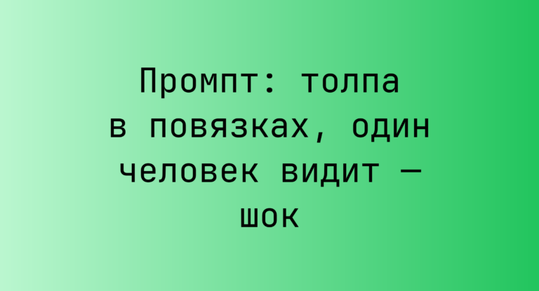 Промпт: толпа в повязках, один человек видит — шок