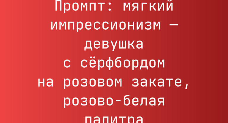 Промпт: мягкий импрессионизм — девушка с серфбордом на розовом закате, розово-белая палитра