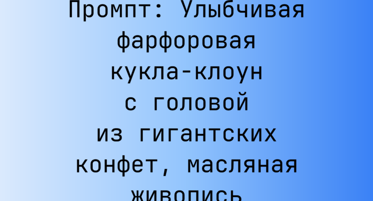 Промпт: Улыбчивая фарфоровая кукла-клоун с головой из гигантских конфет, масляная живопись