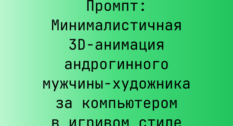 Промпт: Минималистичная 3D-анимация андрогинного мужчины‑художника за компьютером в игривом стиле