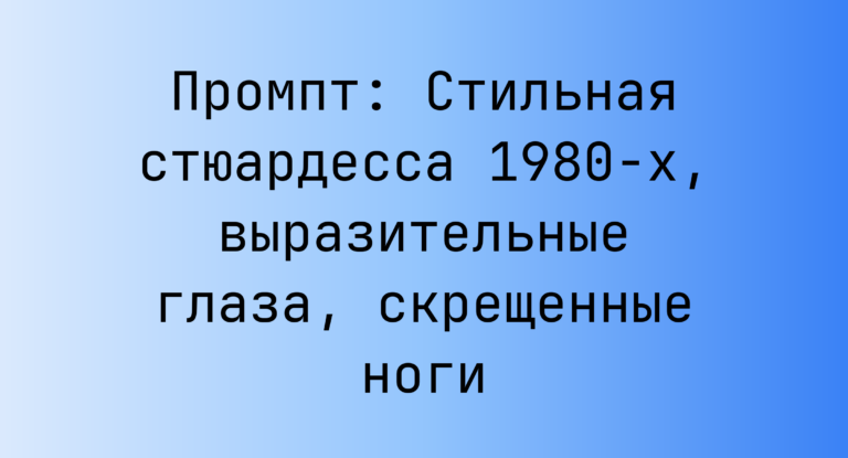 Промпт: Стильная стюардесса 1980-х, выразительные глаза, скрещенные ноги