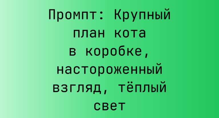Промпт: Крупный план кота в коробке, настороженный взгляд, теплый свет