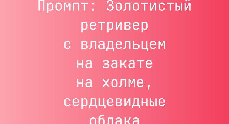 Промпт: Золотистый ретривер с владельцем на закате на холме, сердцевидные облака
