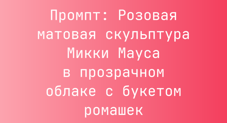 Промпт: Розовая матовая скульптура Микки Мауса в прозрачном облаке с букетом ромашек