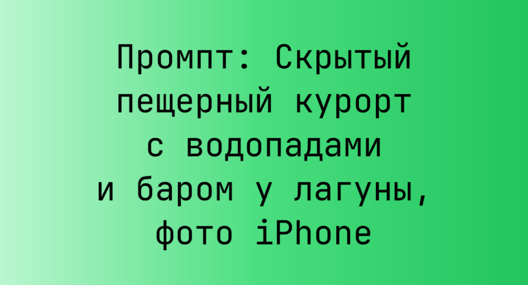 Промпт: Скрытый пещерный курорт с водопадами и баром у лагуны, фото iPhone