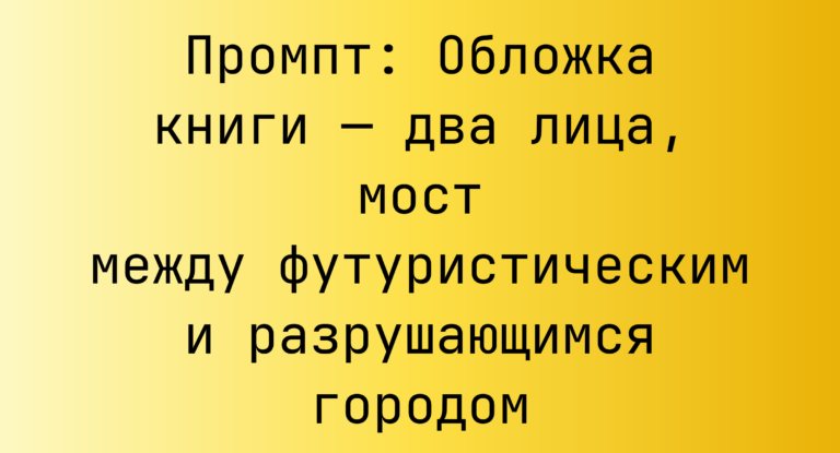 Промпт: Обложка книги — два лица, мост между футуристическим и разрушающимся городом