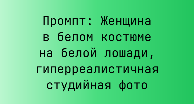 Промпт: Женщина в белом костюме на белой лошади, гиперреалистичная студийная фото