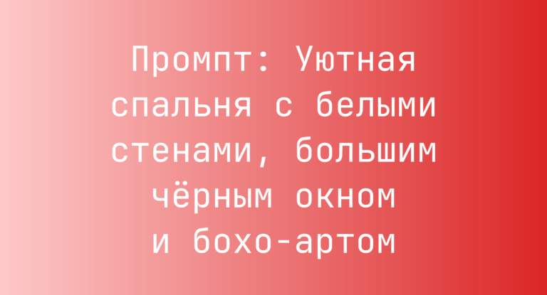 Промпт: Уютная спальня с белыми стенами, большим черным окном и бохо-артом
