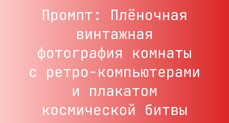 Промпт: Пленочная винтажная фотография комнаты с ретро-компьютерами и плакатом космической битвы
