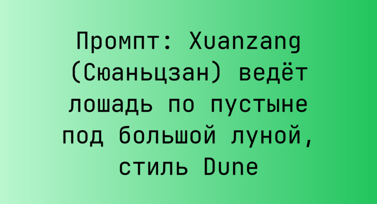 Промпт: Xuanzang (Сюаньцзан) ведет лошадь по пустыне под большой луной, стиль Dune