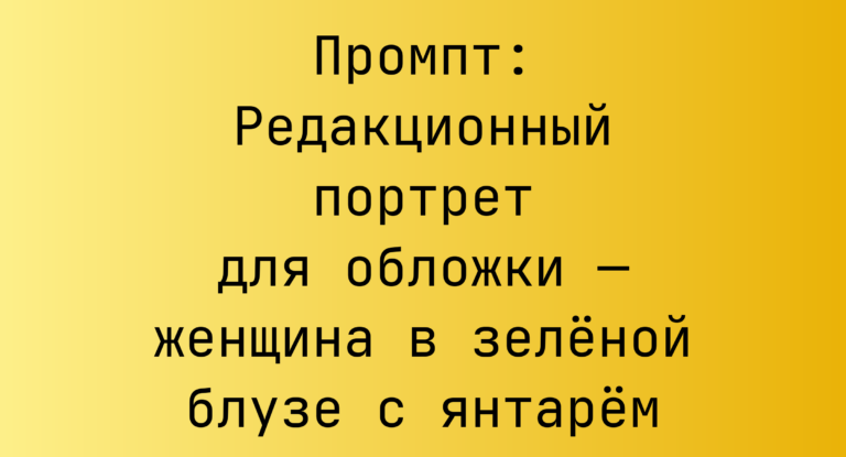 Промпт: Редакционный портрет для обложки — женщина в зеленой блузе с янтарем