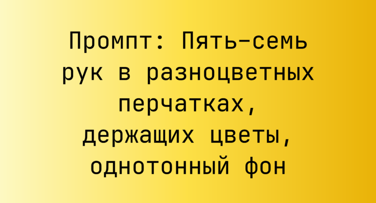 Промпт: Пять–семь рук в разноцветных перчатках, держащих цветы, однотонный фон