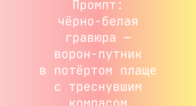Промпт: черно-белая гравюра — ворон-путник в потертом плаще с треснувшим компасом