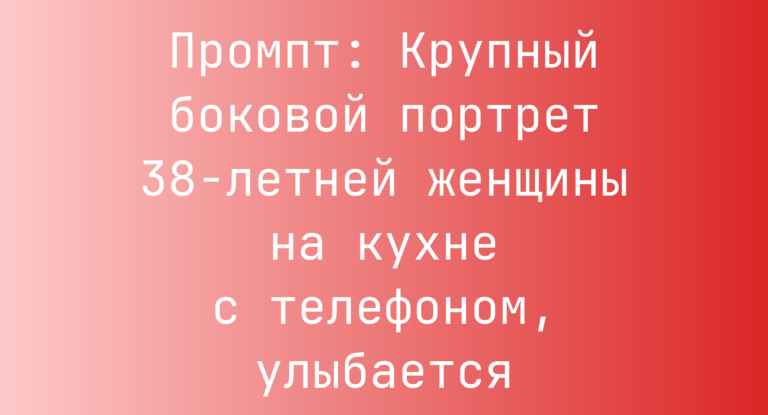 Промпт: Крупный боковой портрет 38-летней женщины на кухне с телефоном, улыбается