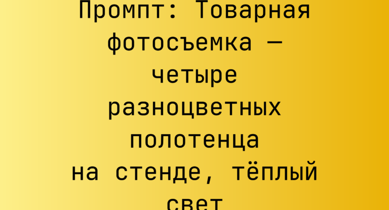 Промпт: Товарная фотосъемка — четыре разноцветных полотенца на стенде, теплый свет