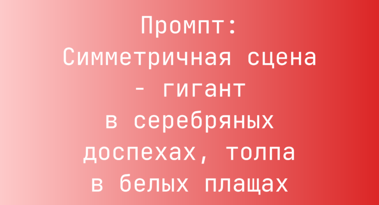 Промпт: Симметричная сцена – гигант в серебряных доспехах, толпа в белых плащах