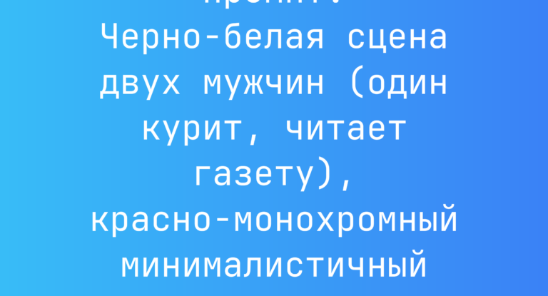 Промпт: Черно-белая сцена двух мужчин (один курит, читает газету), красно-монохромный минималистичный плакат